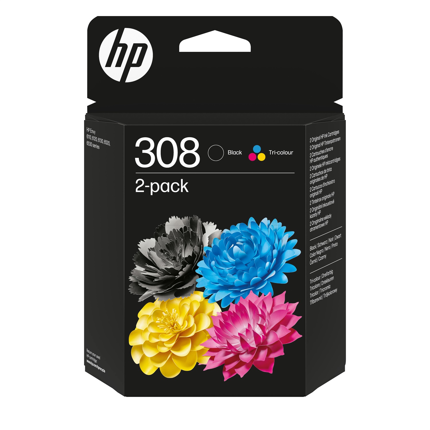 HP Confezione da 2 Cartucce di Inchiostro Originali 308 - Nero, Ciano, Magenta, Giallo, Resa Standard, Compatibile con Envy 6110e/6120e/6122e/6130e/6132e/6520e/6530e