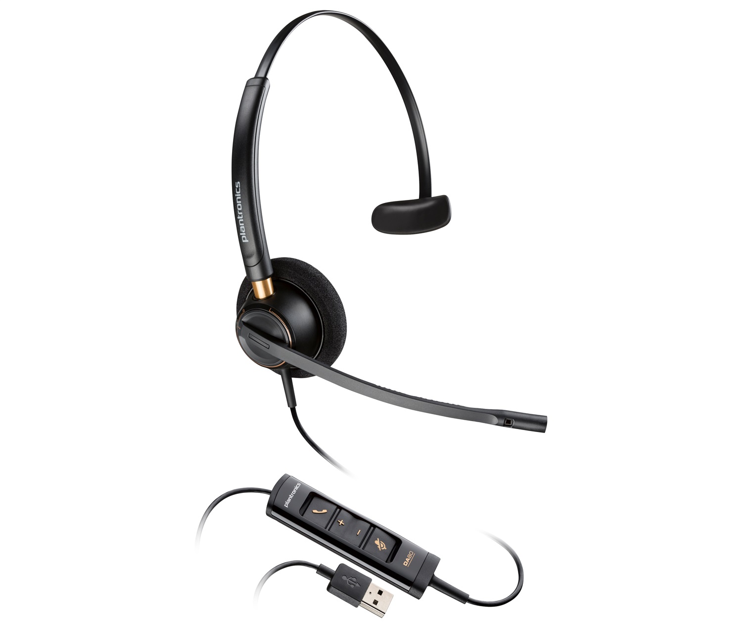 POLY Cuffia monoaurale EncorePro 515 - Cablata, con connettore USB-A, certificata per Microsoft Teams, colore Nero, peso 55 g, lunghezza cavo 2,085 m