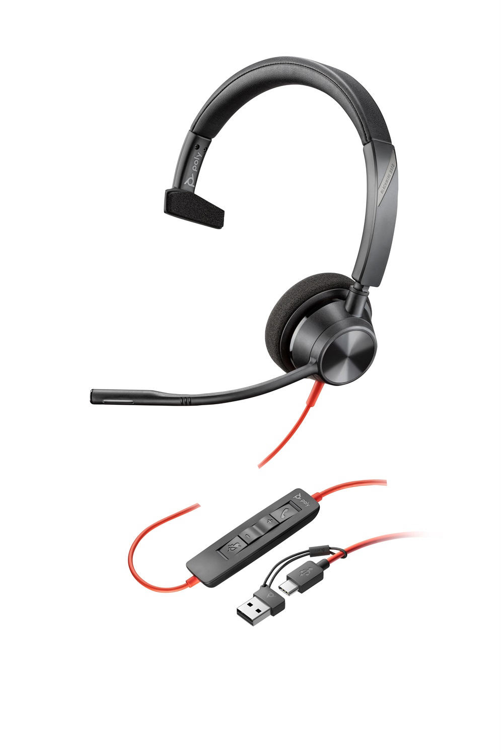POLY Cuffie monoaurali Blackwire 3310 USB-C con adattatore USB-C/A, Cablato, 103 g, Microfono con cancellazione del rumore
