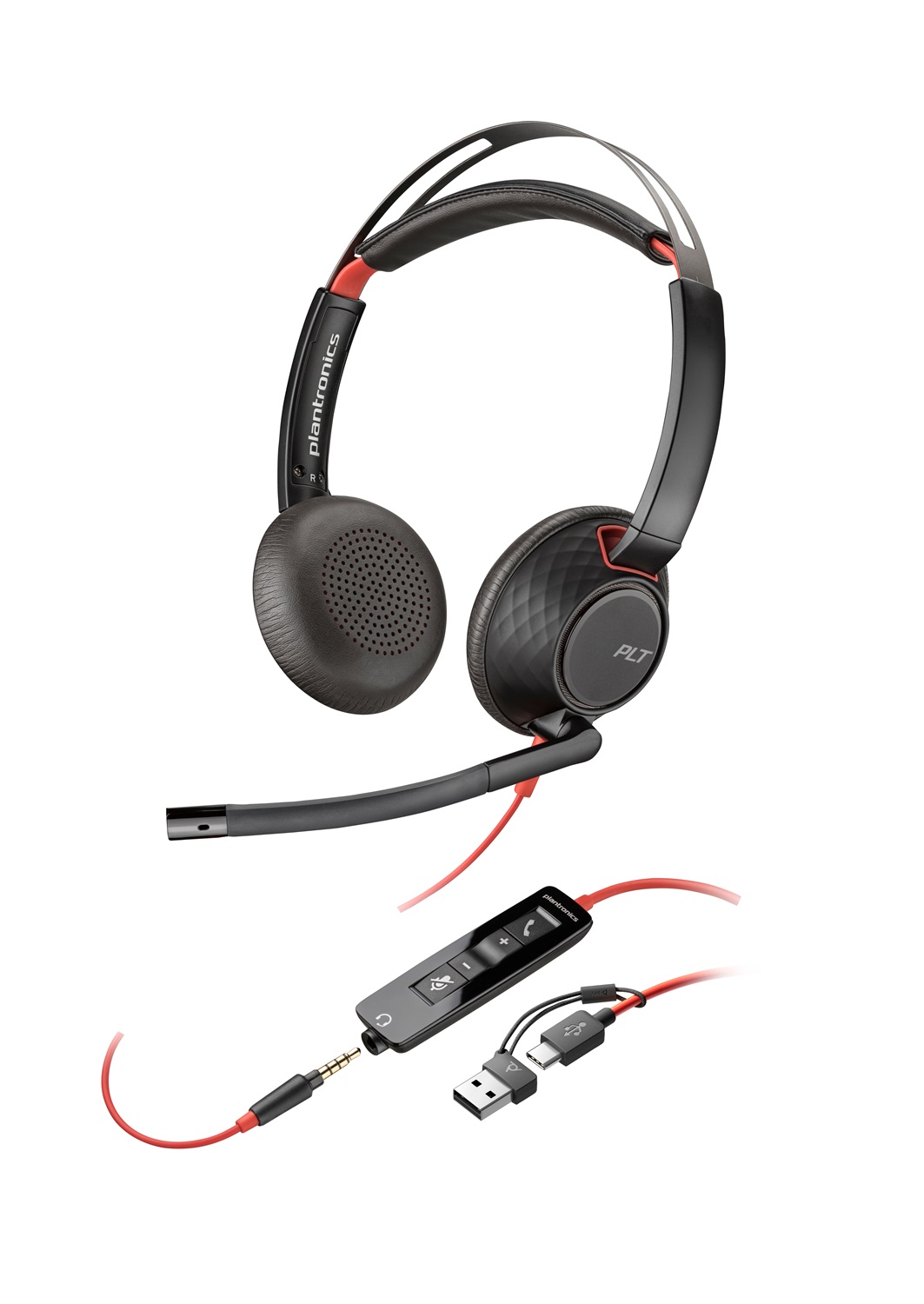POLY Cuffie stereo Blackwire 5220 - Auricolare Cablato con Connettore USB-C, Spina da 3,5 mm e Adattatore USB-C/A, Microfono con Cancellazione del Rumore, Nero