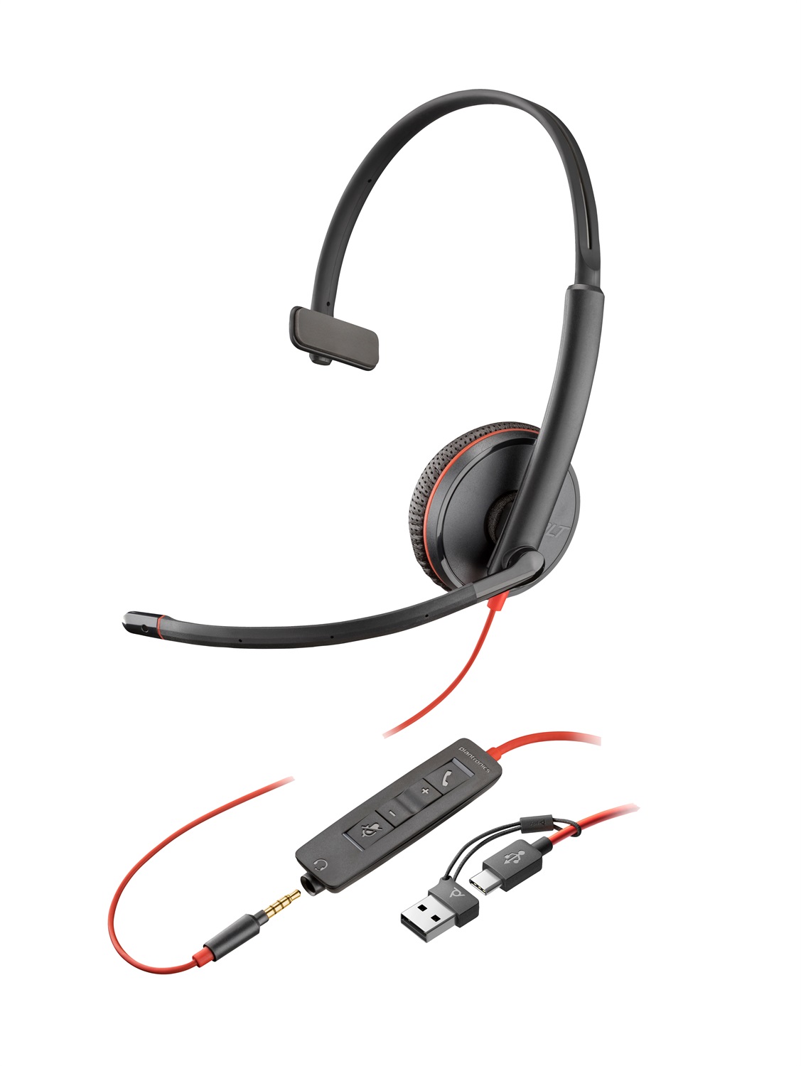 POLY Cuffie Blackwire 3215 Monoaurali Cablato USB-C Spinotto da 3,5 mm Adattatore USB-C/A - Ufficio, Nero
