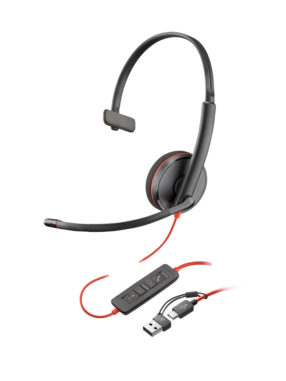 POLY Cuffie Blackwire 3210 Monoaurali USB-C Nere con Adattatore USB-C/A - Cablato, 97 g, Design Elegante