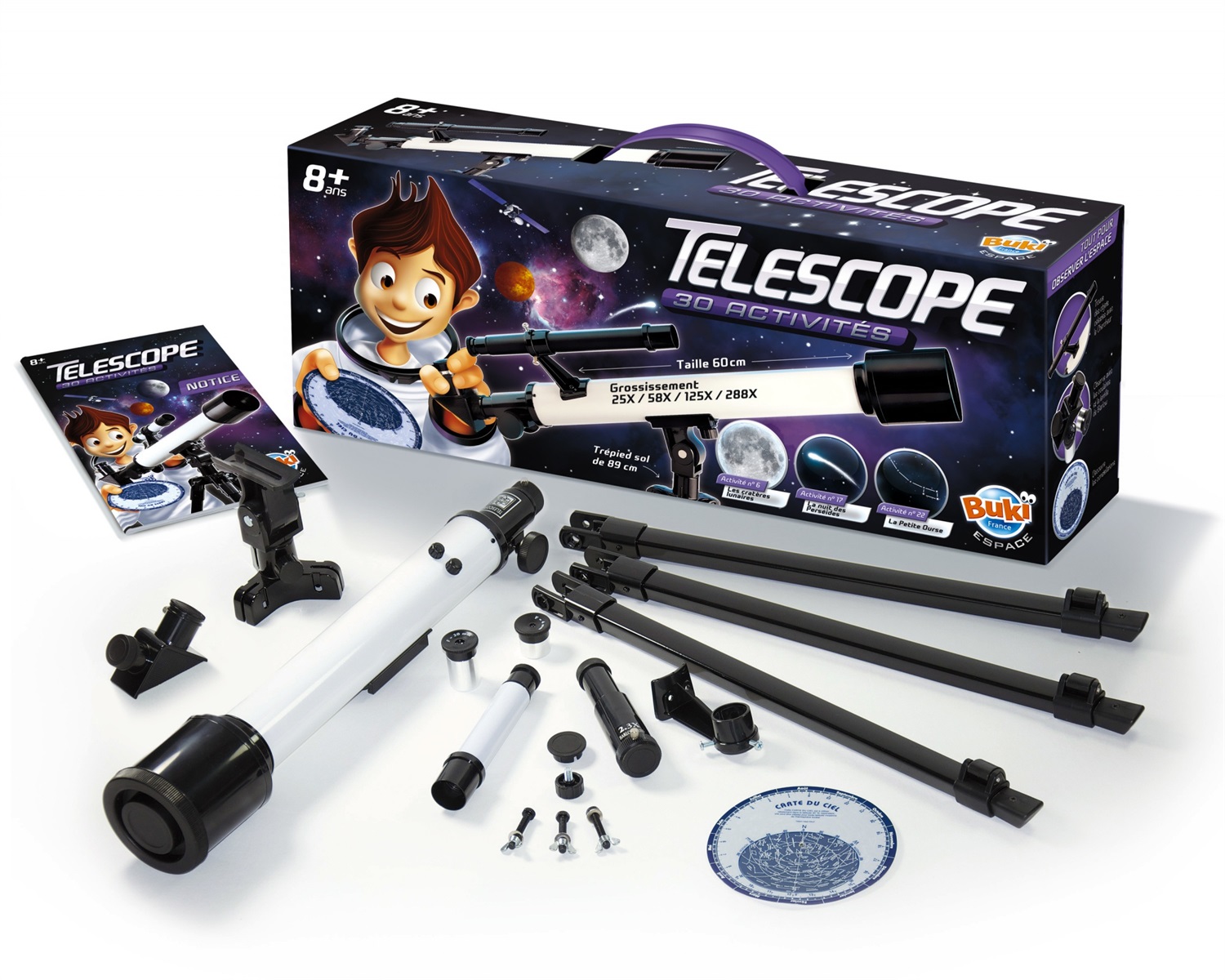 Buki France TS007B - Telescopio per bambini con obiettivo da 50 mm e 30 attività per esplorare il cielo