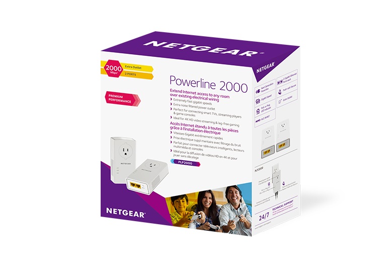 Netgear PLP2000-100FRS Adattatore Powerline Pack di 2 - 2000 Mbit/s, Gigabit Ethernet, Presa Femmina Integrata, Ideale per Streaming e Gaming