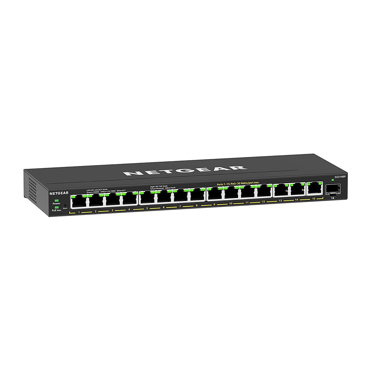 NETGEAR GS316EP-100PES Switch di Rete Gestito 16 Porte Gigabit Ethernet (10/100/1000) con 15 Porte PoE, Capacità di Commutazione 32 Gbps, Supporto VLAN e QoS, Nero