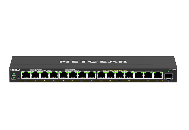 NETGEAR GS316EP-100PES Switch di Rete Gestito 16 Porte Gigabit Ethernet (10/100/1000) con 15 Porte PoE, Capacità di Commutazione 32 Gbps, Supporto VLAN e QoS, Nero