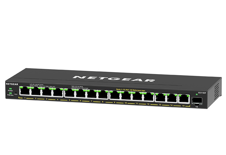 NETGEAR GS316EP-100PES Switch di Rete Gestito 16 Porte Gigabit Ethernet (10/100/1000) con 15 Porte PoE, Capacità di Commutazione 32 Gbps, Supporto VLAN e QoS, Nero