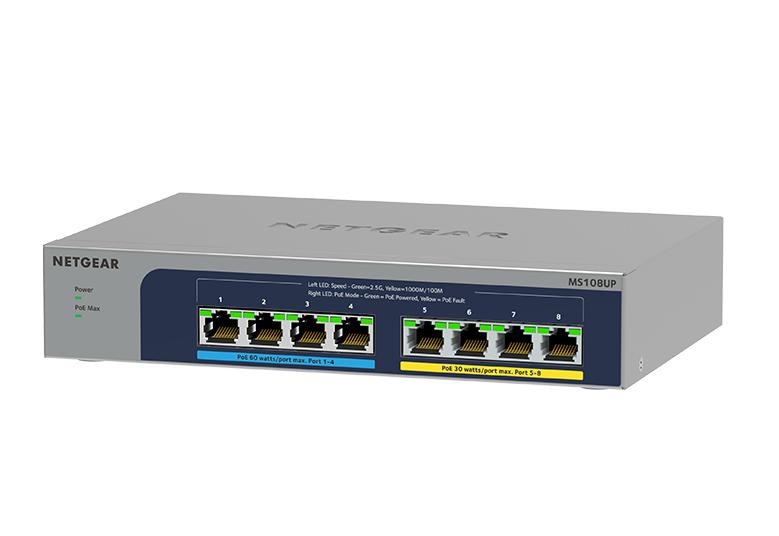 NETGEAR Switch Ethernet 8 porte PoE Ultra60 MS108UP, Multi-Gigabit 2.5G con 4 porte PoE e 4 porte PoE da 230W, montaggio desktop o a parete, non gestito