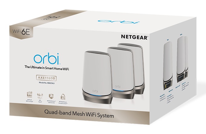 NETGEAR Orbi RBKE963 AXE11000 WiFi 6E Mesh System Quad-band (2.4 GHz / 5 GHz-1 / 5 GHz-2 / 6 GHz) - Fino a 10.8 Gbps, Copertura Fino a 800 m², Grigio e Bianco