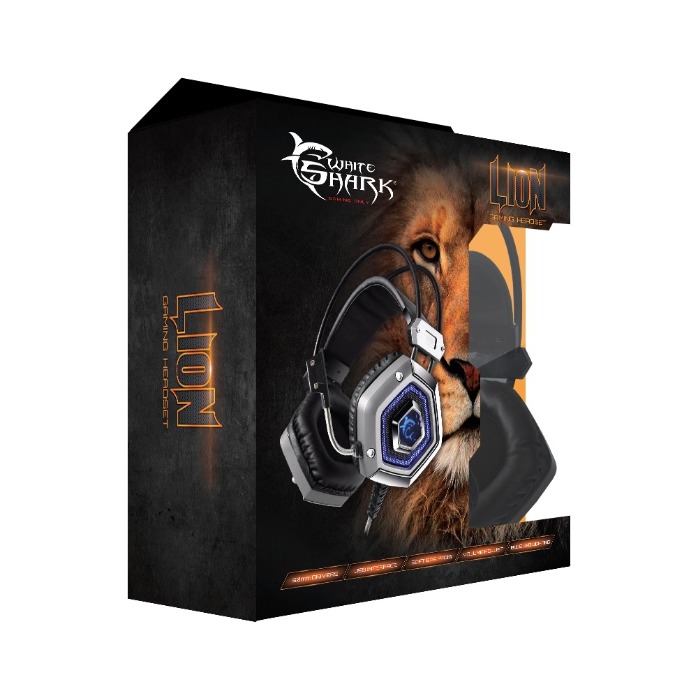 White Shark LION Cuffie Gaming USB con Microfono Argento, Driver da 50 mm, Fascia Sospesa e Illuminazione