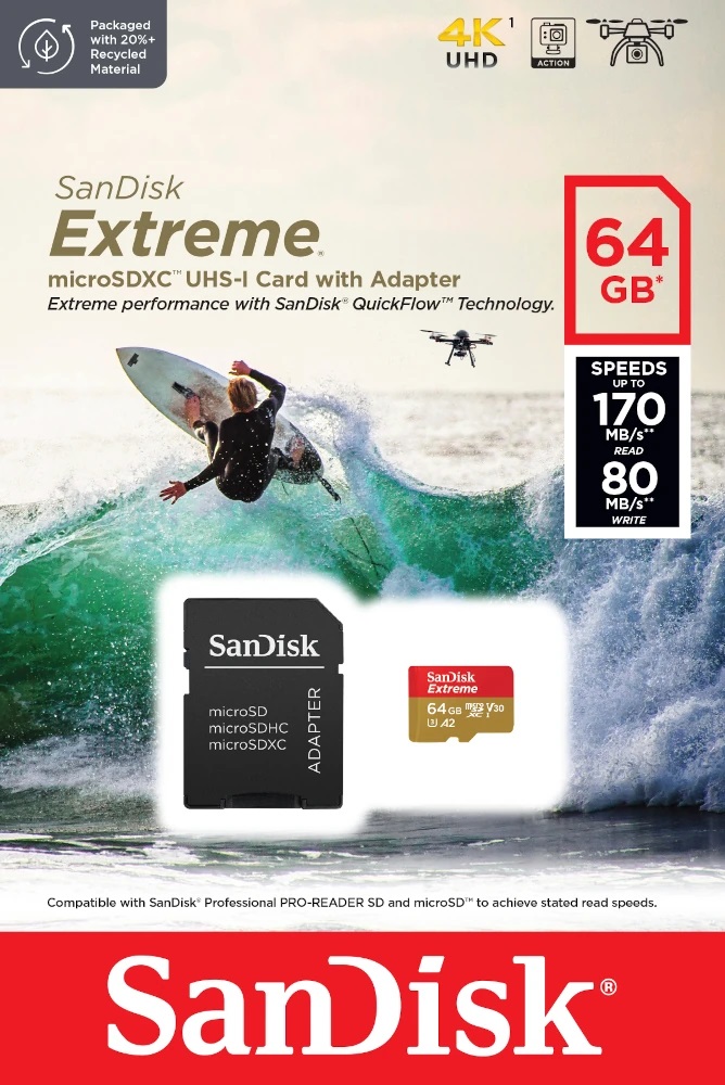 SanDisk Extreme 64 GB MicroSDXC UHS-I A2 Classe 10 - Fino a 170 MB/s, Ideale per Action Cam e Droni