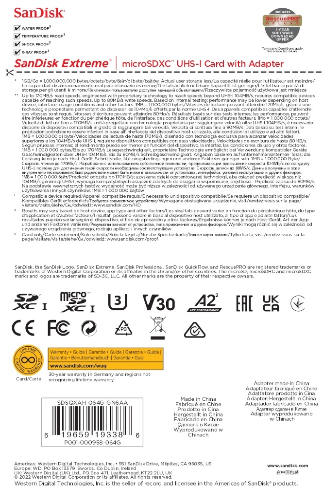 SanDisk Extreme 64 GB MicroSDXC UHS-I A2 Classe 10 - Fino a 170 MB/s, Ideale per Action Cam e Droni