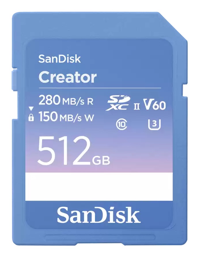 SanDisk Creator 512 GB SDXC UHS-II Scheda di Memoria - Classe 10, V60, Velocità fino a 280 MB/s, Ideale per DSLR e Fotocamere Mirrorless, Include RescuePro Deluxe e 1 mese di Adobe Creative Cloud