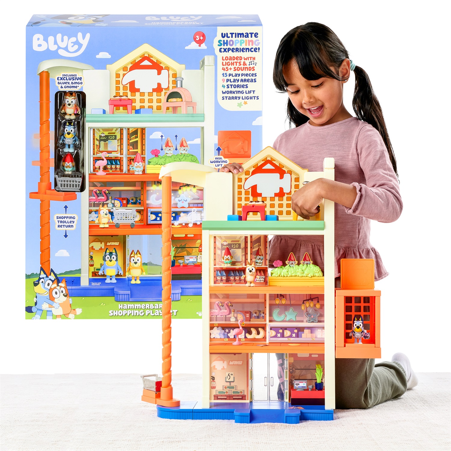 Moose Toys Bluey Hammerbarn - Set da gioco per la spesa, 4 livelli, altezza 55,9 cm, con sollevamento funzionante, ritorno del carrello, luci e 45 suoni