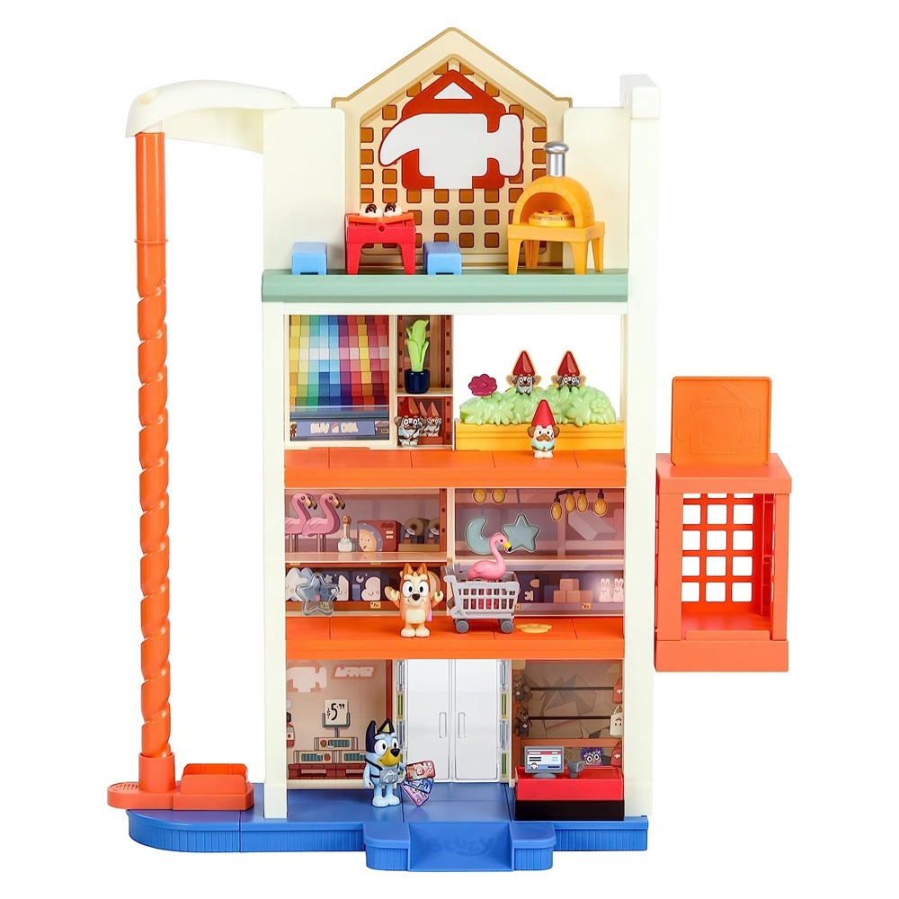 Moose Toys Bluey Hammerbarn - Set da gioco per la spesa, 4 livelli, altezza 55,9 cm, con sollevamento funzionante, ritorno del carrello, luci e 45 suoni