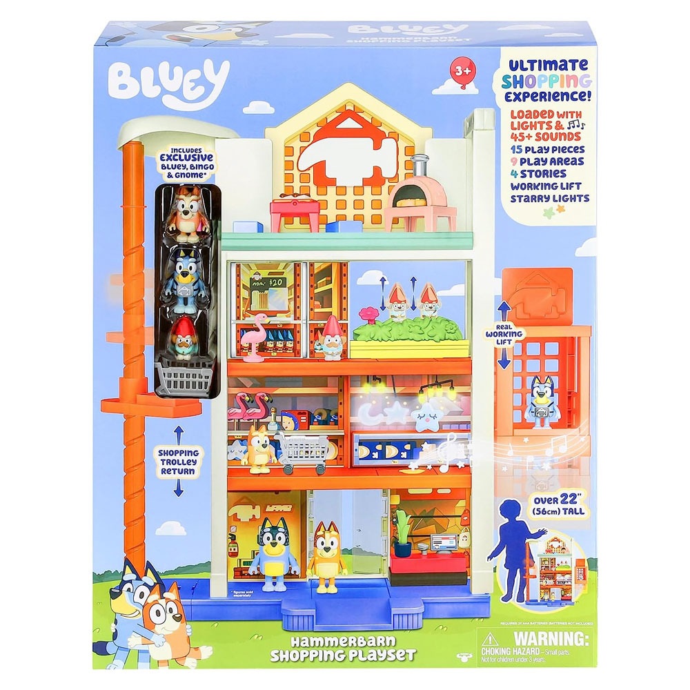 Moose Toys Bluey Hammerbarn - Set da gioco per la spesa, 4 livelli, altezza 55,9 cm, con sollevamento funzionante, ritorno del carrello, luci e 45 suoni