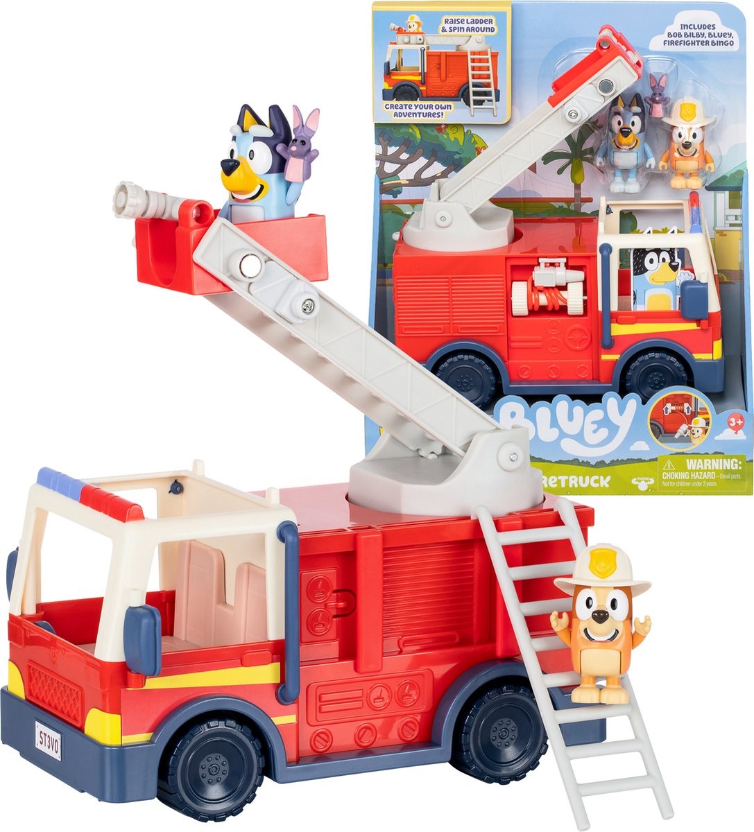 Moose Toys Camion dei Pompieri Bluey con Bingo e Bob Bilby - Scala Mobile e Foglio Adesivo