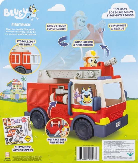 Moose Toys Camion dei Pompieri Bluey con Bingo e Bob Bilby - Scala Mobile e Foglio Adesivo