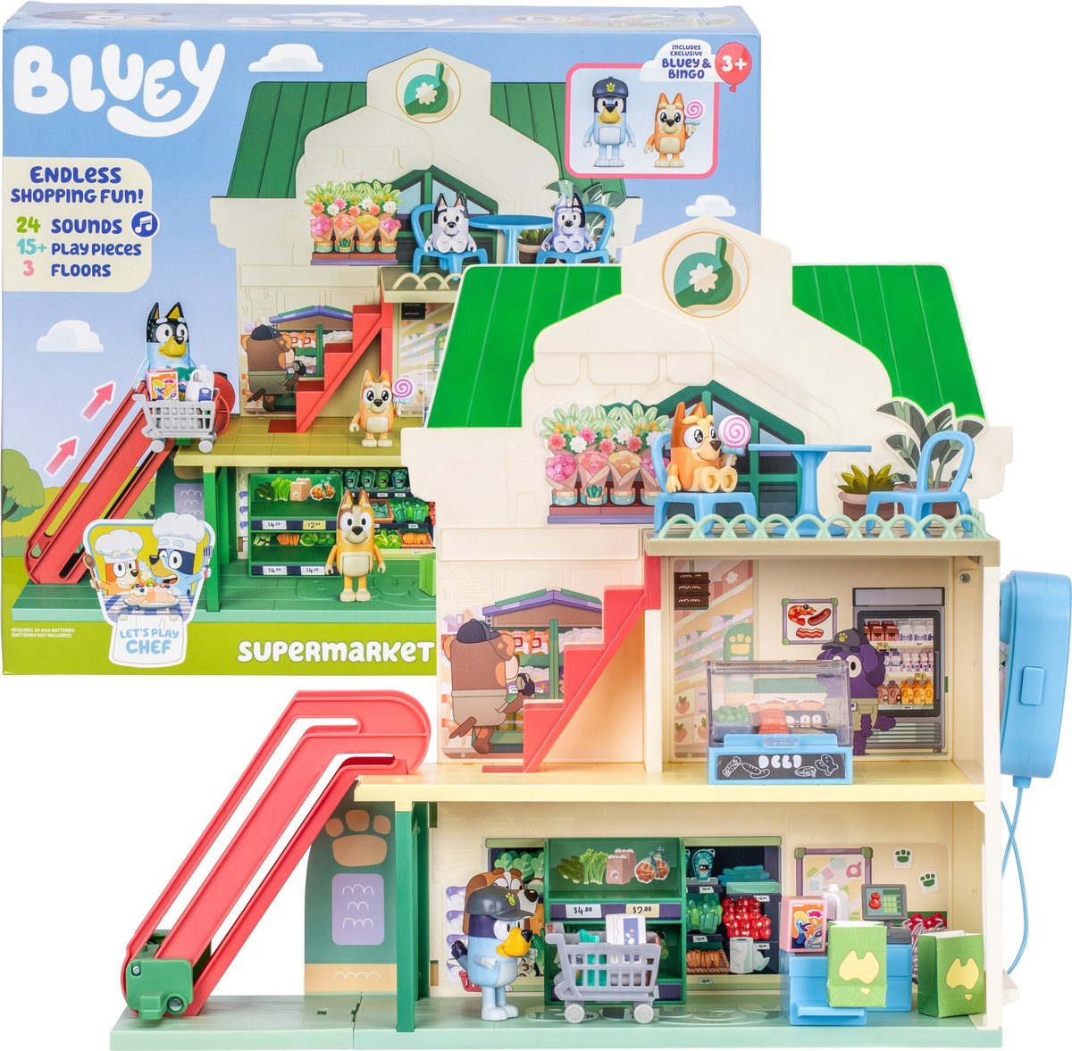 Moose Toys MS18918 Bluey e Bingo Supermarket Playset con scala mobile, suoni, 15 pezzi e 3 livelli interattivi