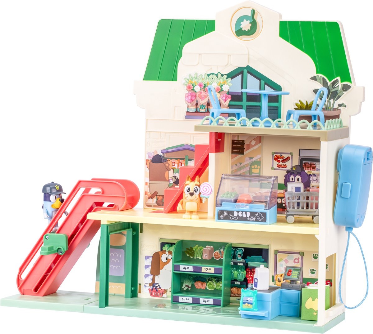 Moose Toys MS18918 Bluey e Bingo Supermarket Playset con scala mobile, suoni, 15 pezzi e 3 livelli interattivi