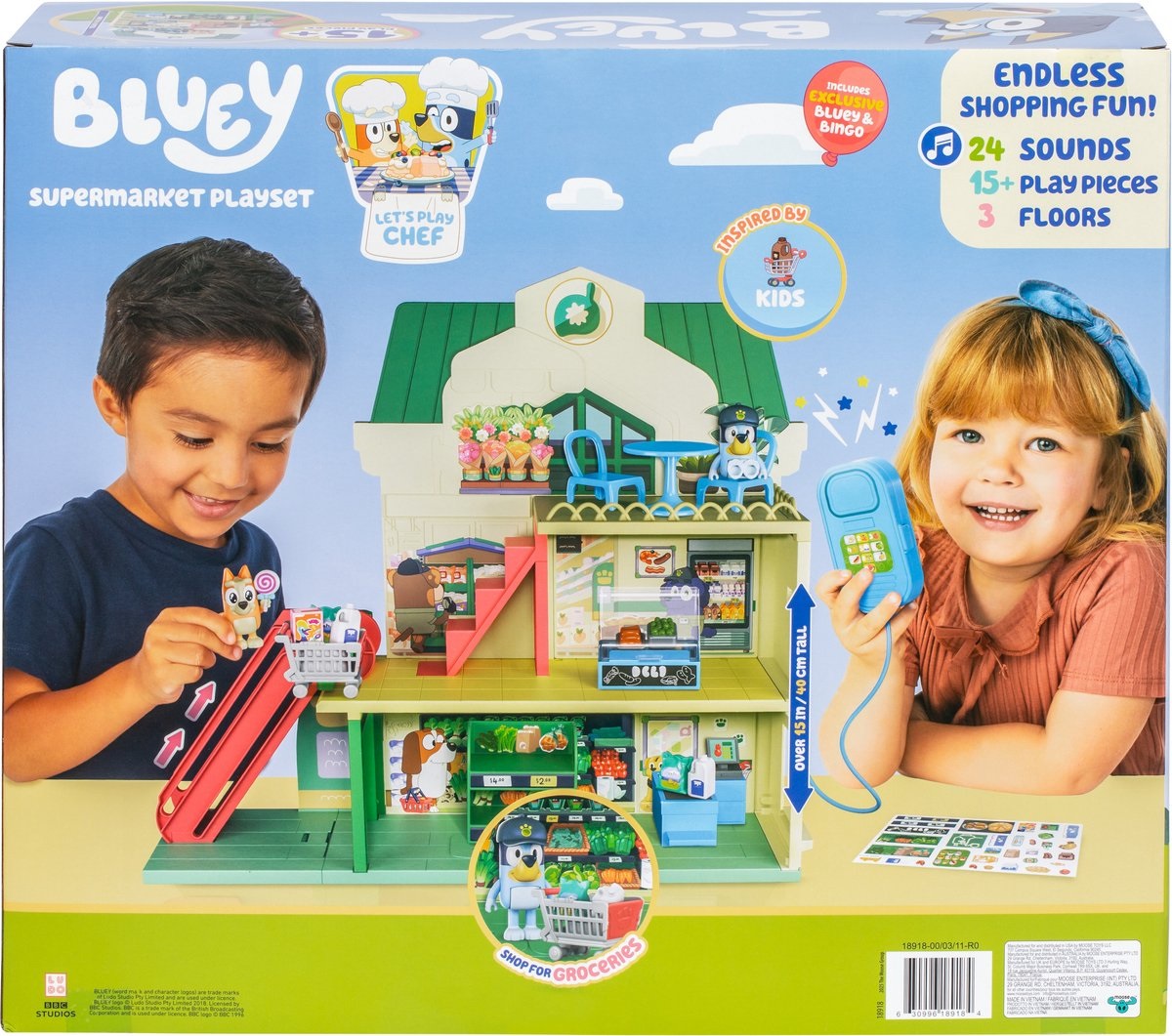 Moose Toys MS18918 Bluey e Bingo Supermarket Playset con scala mobile, suoni, 15 pezzi e 3 livelli interattivi
