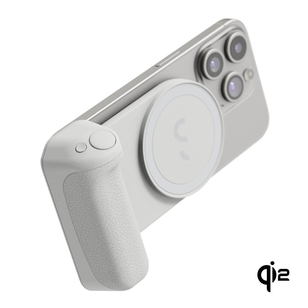 ShiftCam SnapGrip Pro - Impugnatura mobile con batteria e pulsante di scatto wireless, supporto magnetico e ricarica Qi 2 (grigio)