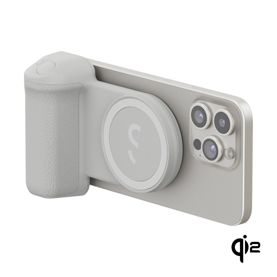 ShiftCam SnapGrip Pro - Impugnatura mobile con batteria e pulsante di scatto wireless, supporto magnetico e ricarica Qi 2 (grigio)