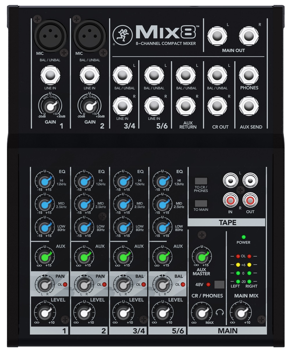 Mackie Mix8 Mixer Analogico Compatto a 8 Canali con EQ a 3 Bande - Frequenza 20 - 30000 Hz