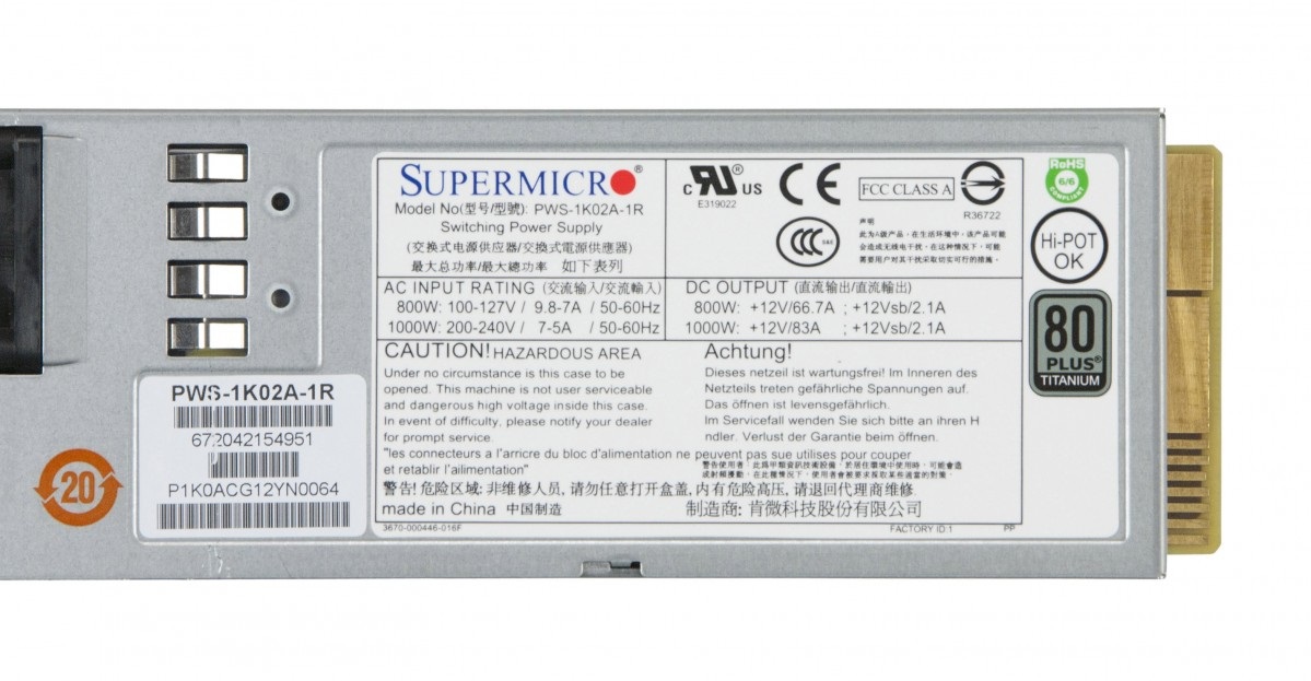 Supermicro PWS-1K02A-1R Alimentatore per Computer 800 W 1U Metallico con Certificazione 80 PLUS Titanium