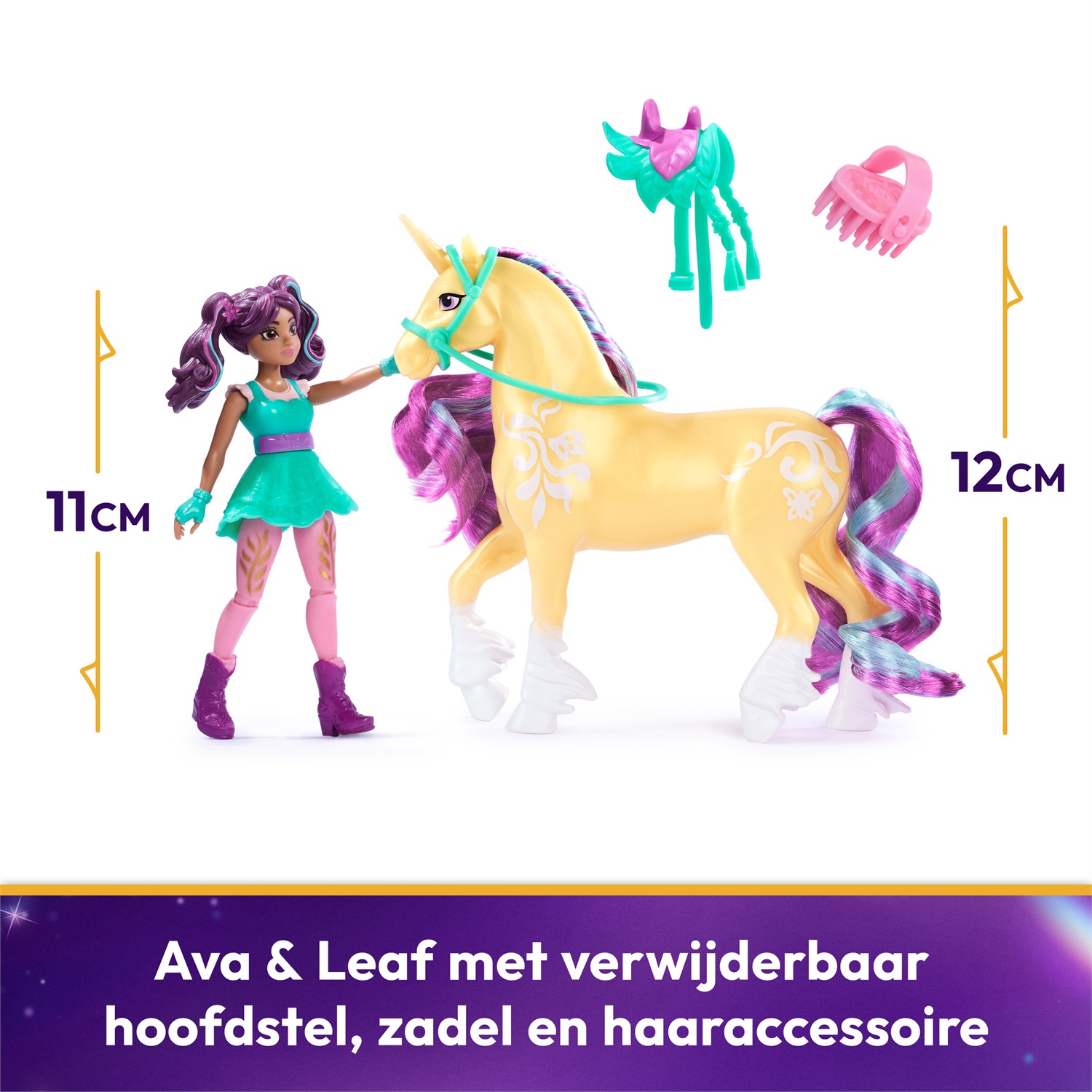 Spin Master Unicorn Academy Set con Bambola Ava e Unicorno Leaf, 11,5 cm, 2 Accessori per l'Equitazione e Strumento per lo Styling dei Capelli, Giocattolo per Bambine 4 Anni