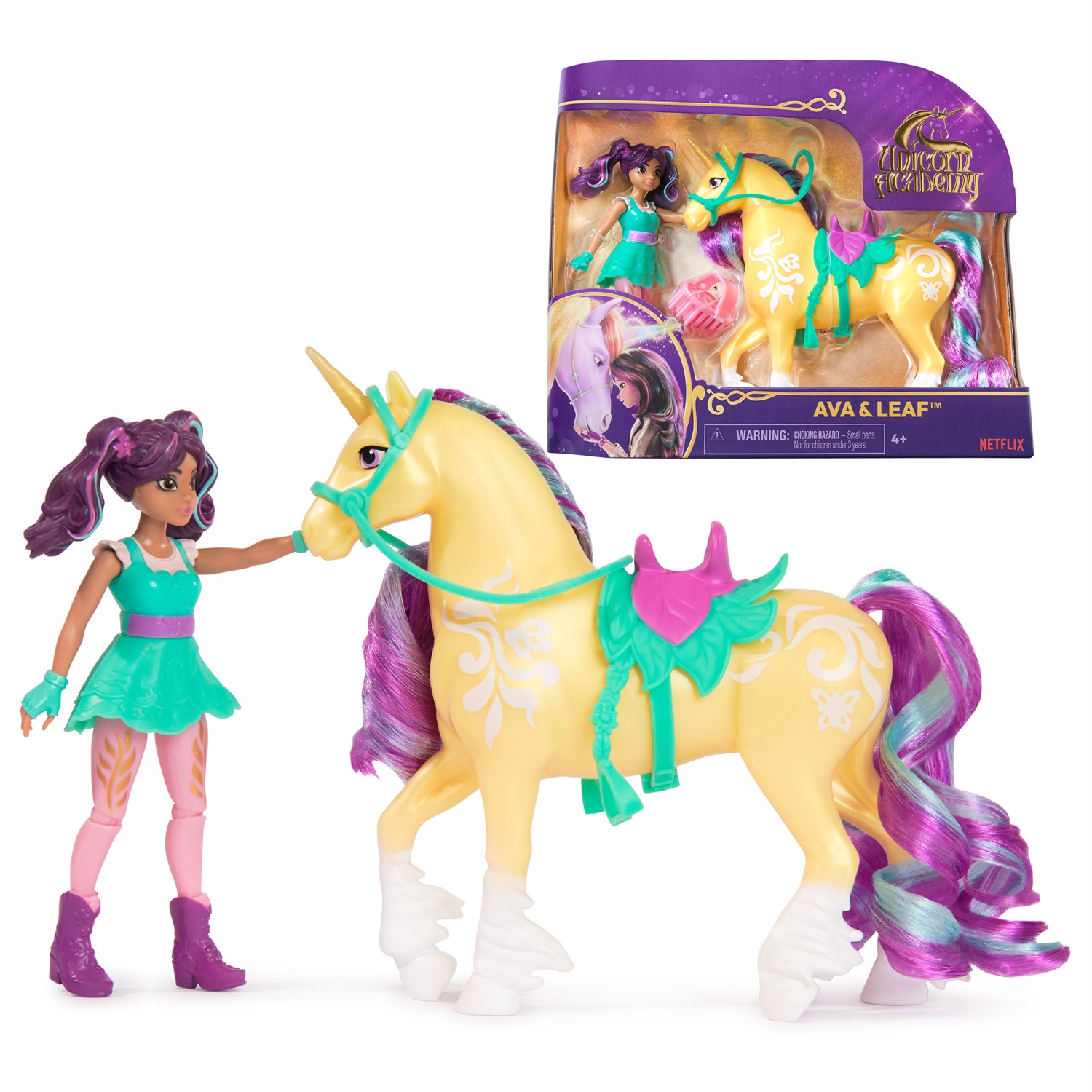 Spin Master Unicorn Academy Set con Bambola Ava e Unicorno Leaf, 11,5 cm, 2 Accessori per l'Equitazione e Strumento per lo Styling dei Capelli, Giocattolo per Bambine 4 Anni
