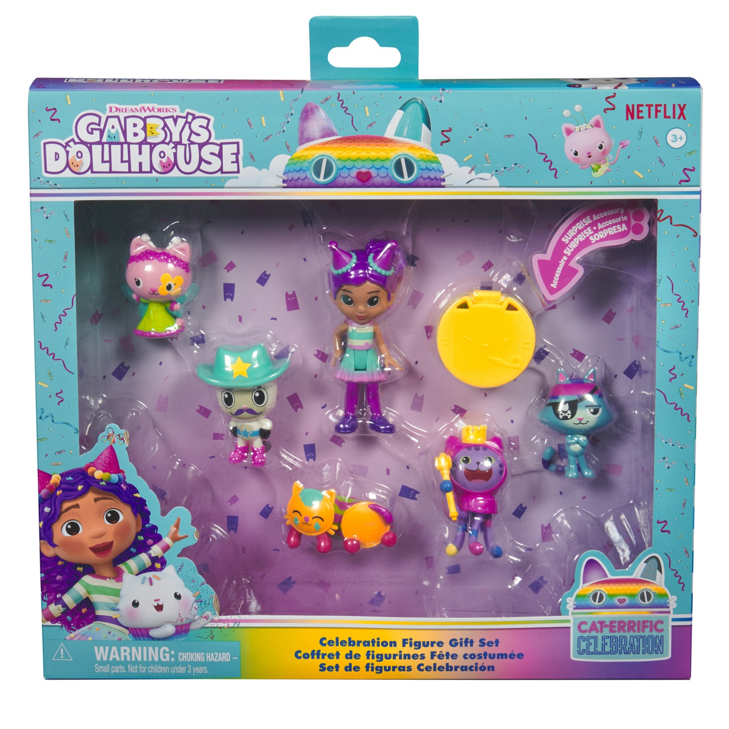 Gabby's Dollhouse Set Deluxe Festa con 6 Personaggi: Gabby, DJ Catnip, BirbaGatto, Pandy Panda, Cuscigatta e Gattina Fatina - Giocattoli a Sorpresa e Accessori per Bambini 3 Anni