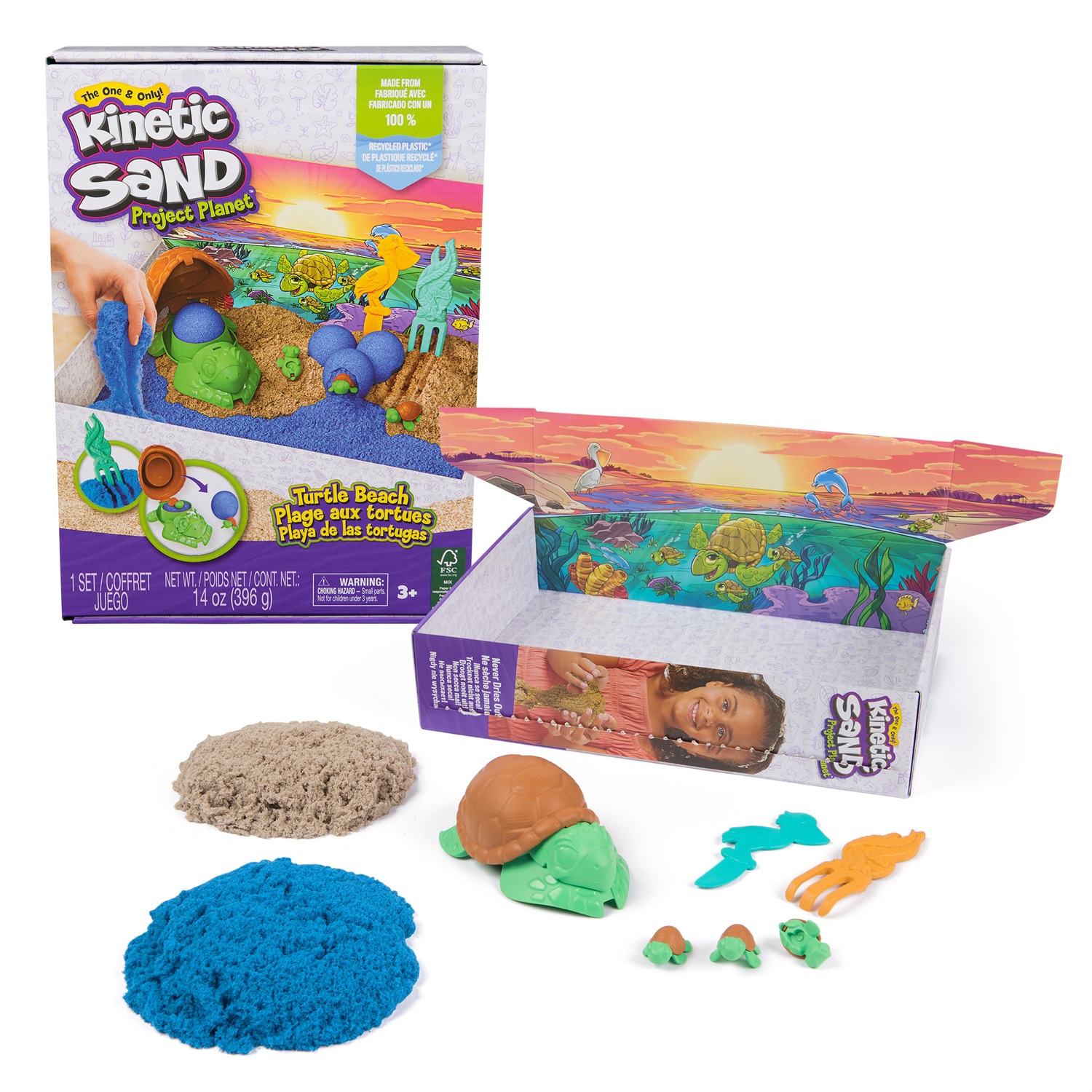 Kinetic Sand Project Planet Spiaggia delle Tartarughe - 396 g di sabbia da gioco, attrezzi e formine, realizzato con 100% plastica riciclata, imballaggio certificato FSC, giocattolo sensoriale per bambini dai 3 anni