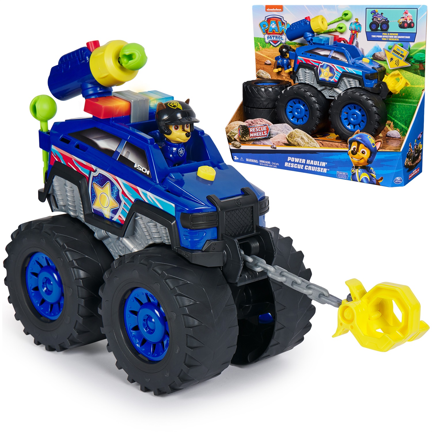 PAW Patrol Chase Deluxe Rescue Wheels - Veicolo Giocattolo con Propulsore, Argano Motorizzato, Luci e Suoni, Pneumatici Giganti, Lanciatori di Proiettili, per Bambini e Bambine 3 Anni