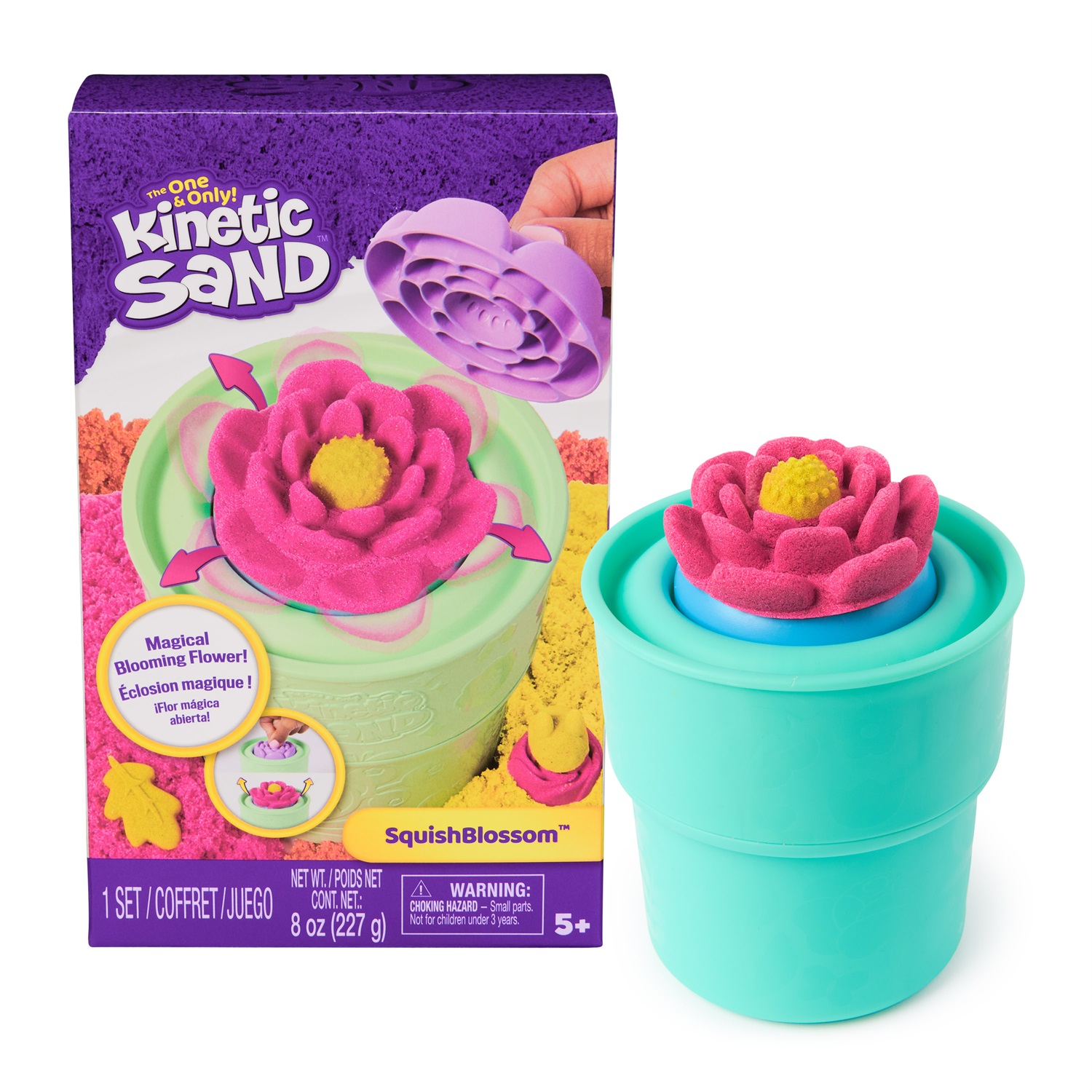 Kinetic Sand SquishBlossom - Set Creativo con 227 g di Sabbia Gialla e Rosa Neon, Vaso e Formine per Creare Fiori, Giocattolo per Bambini 5 Anni