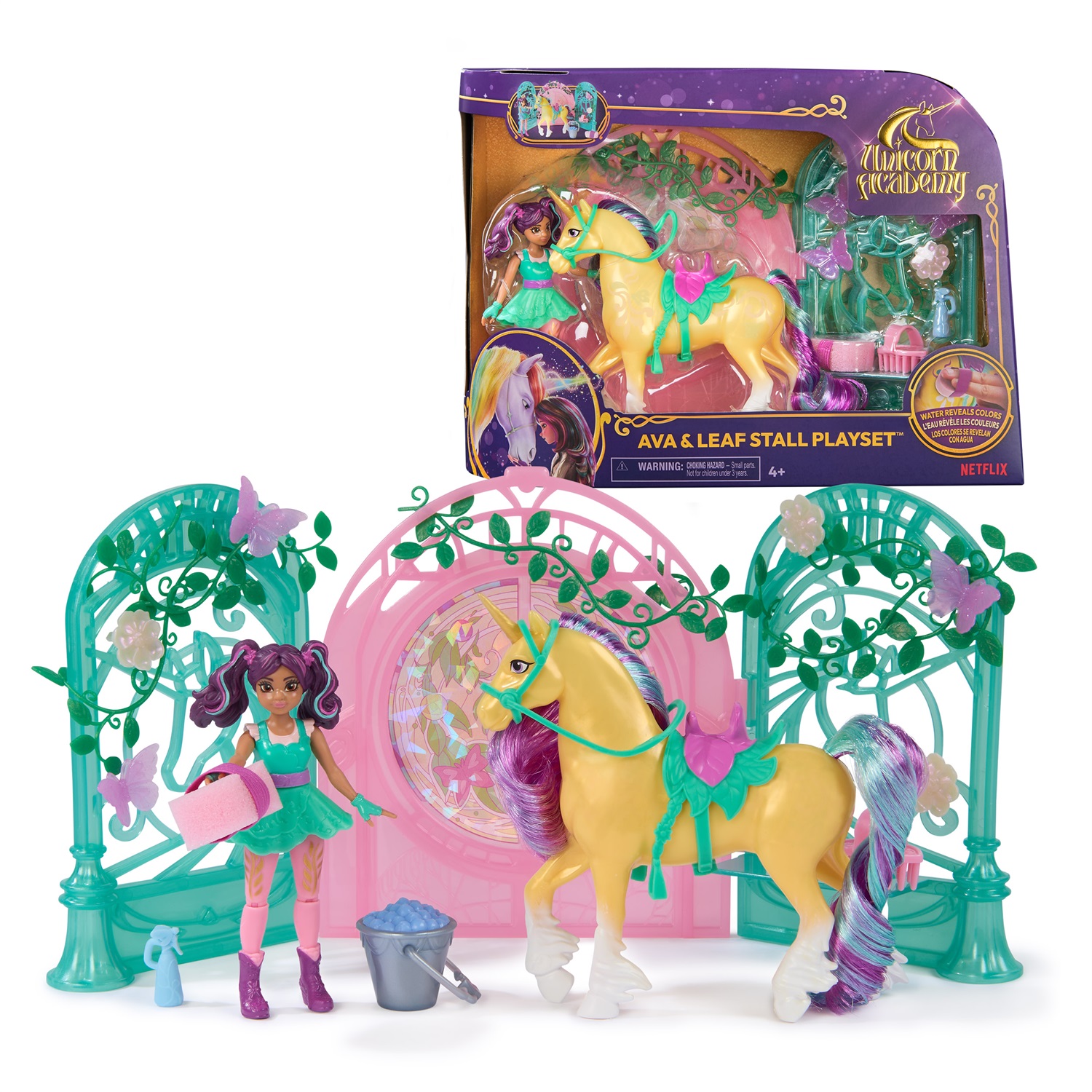 Unicorn Academy - Stalla Piccola con Bambola Ava e Unicorno Leaf che Cambia Colore