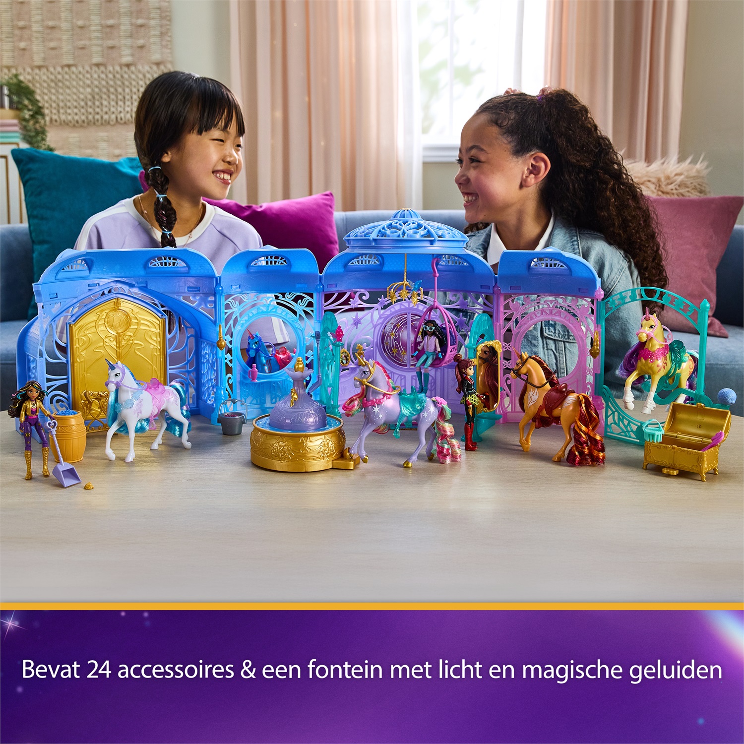 Unicorn Academy - Starglow Fountain & Stable Playset con Wildstar, luci e suoni, 24 accessori, bambole e unicorni giocattolo per bambine dai 4 anni in su
