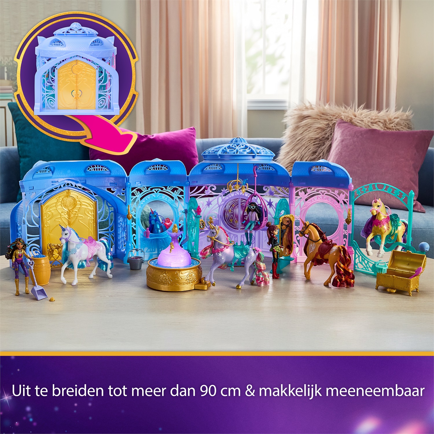 Unicorn Academy - Starglow Fountain & Stable Playset con Wildstar, luci e suoni, 24 accessori, bambole e unicorni giocattolo per bambine dai 4 anni in su