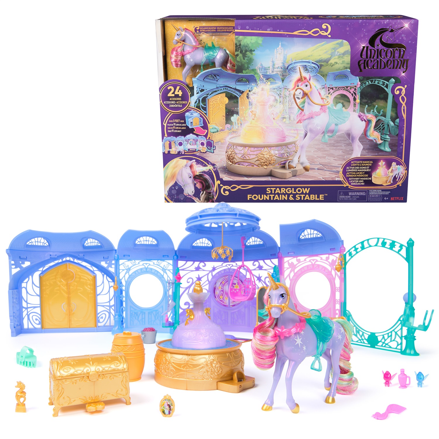 Unicorn Academy - Starglow Fountain & Stable Playset con Wildstar, luci e suoni, 24 accessori, bambole e unicorni giocattolo per bambine dai 4 anni in su