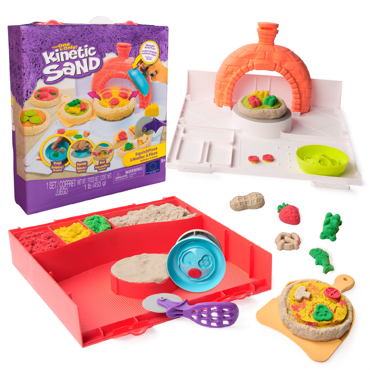 Spin Master Kinetic Sand Squish Pizza Set - 452 g di Sabbia Cinetica in 4 Colori con 5 Attrezzi per Gioco Creativo a Tema Pizza, per Bambini e Bambine 5 Anni