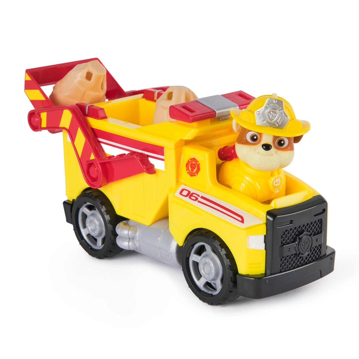 Spin Master PAW Patrol Fire Rescue: Camion Ribaltabile Antincendio di Rubble con Personaggio, Pala Ribaltabile e 2 Proiettili, Giocattolo per Bambini 3 Anni