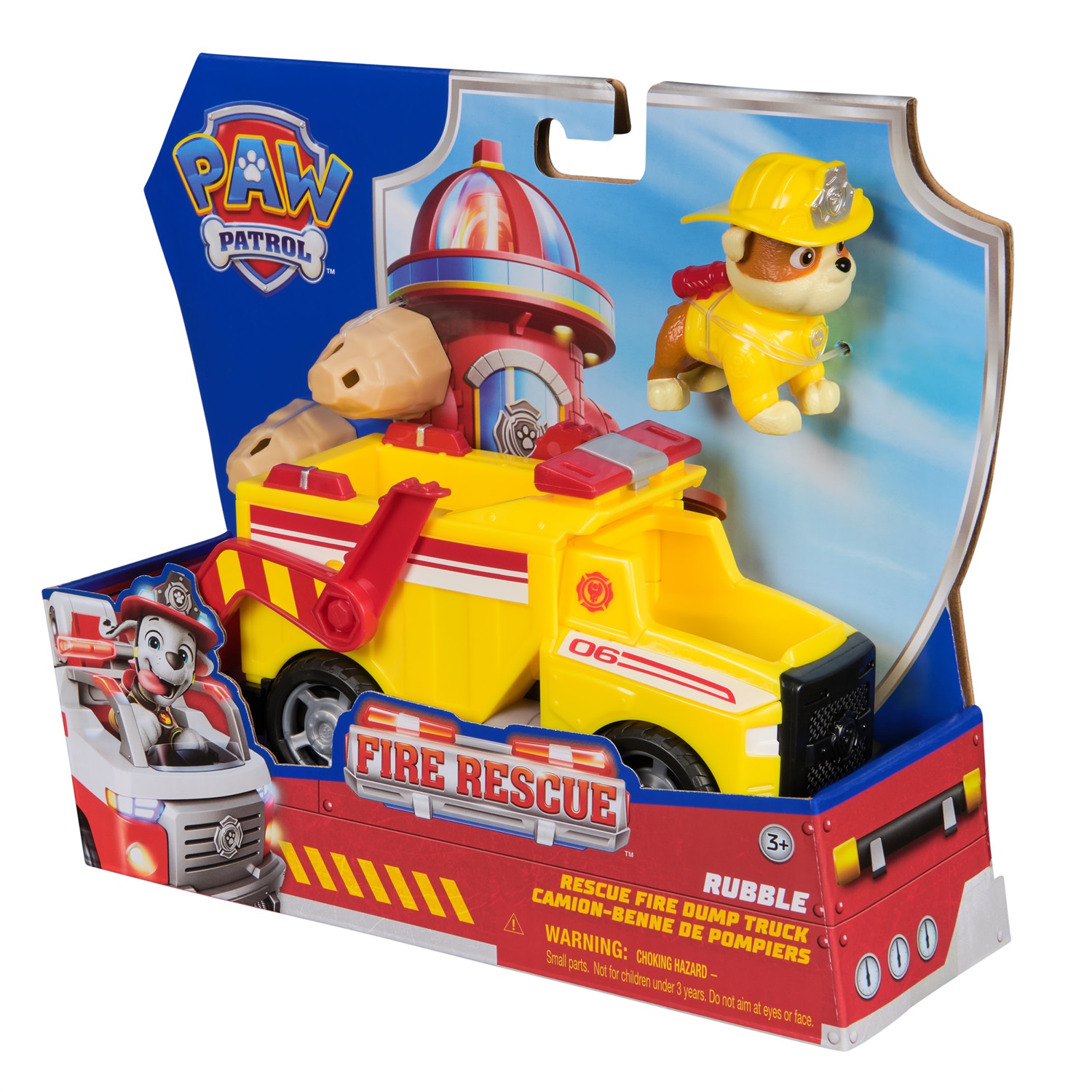 Spin Master PAW Patrol Fire Rescue: Camion Ribaltabile Antincendio di Rubble con Personaggio, Pala Ribaltabile e 2 Proiettili, Giocattolo per Bambini 3 Anni