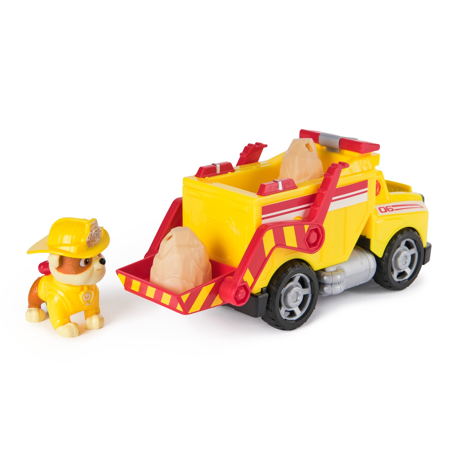 Spin Master PAW Patrol Fire Rescue: Camion Ribaltabile Antincendio di Rubble con Personaggio, Pala Ribaltabile e 2 Proiettili, Giocattolo per Bambini 3 Anni