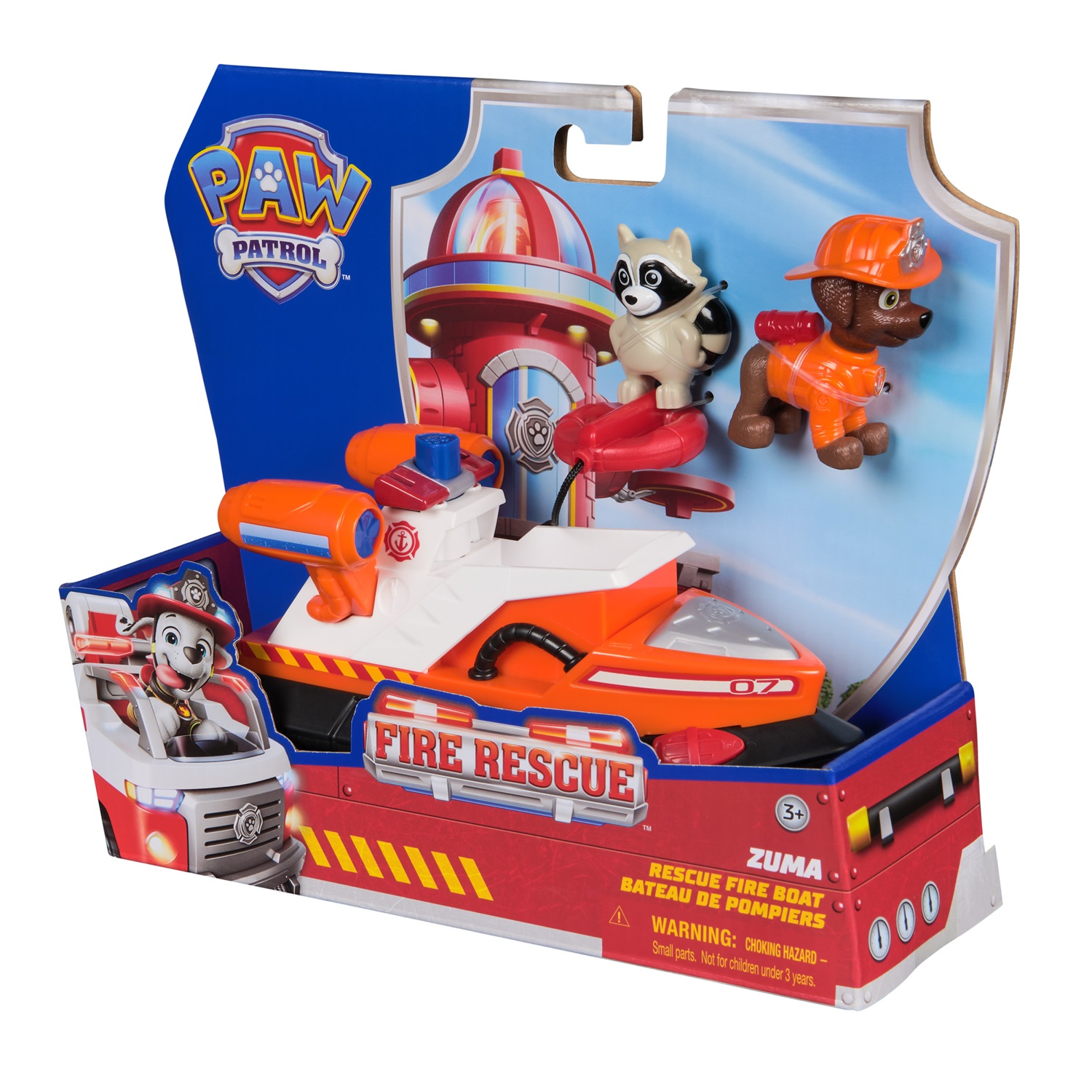 PAW Patrol Fire Rescue: Barca di Salvataggio di Zuma con Personaggio, Salvagente Lanciabile e Procione, Giocattoli per Bambini e Bambine, 3 Anni
