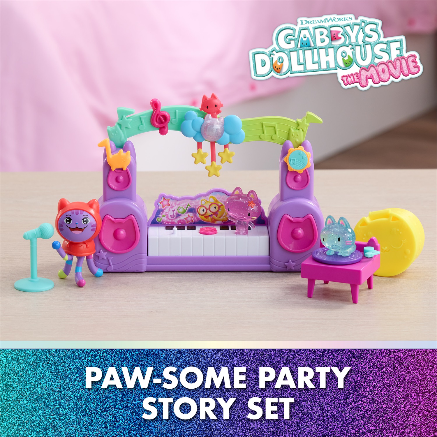 DREAMWORKS Gabby's Dollhouse: The Movie - Set Gioco Festa Fiabesca con DJ Catnip, 2 Figure Eraser Cat e Accessori, Giocattolo per Bambini dai 3 Anni in su