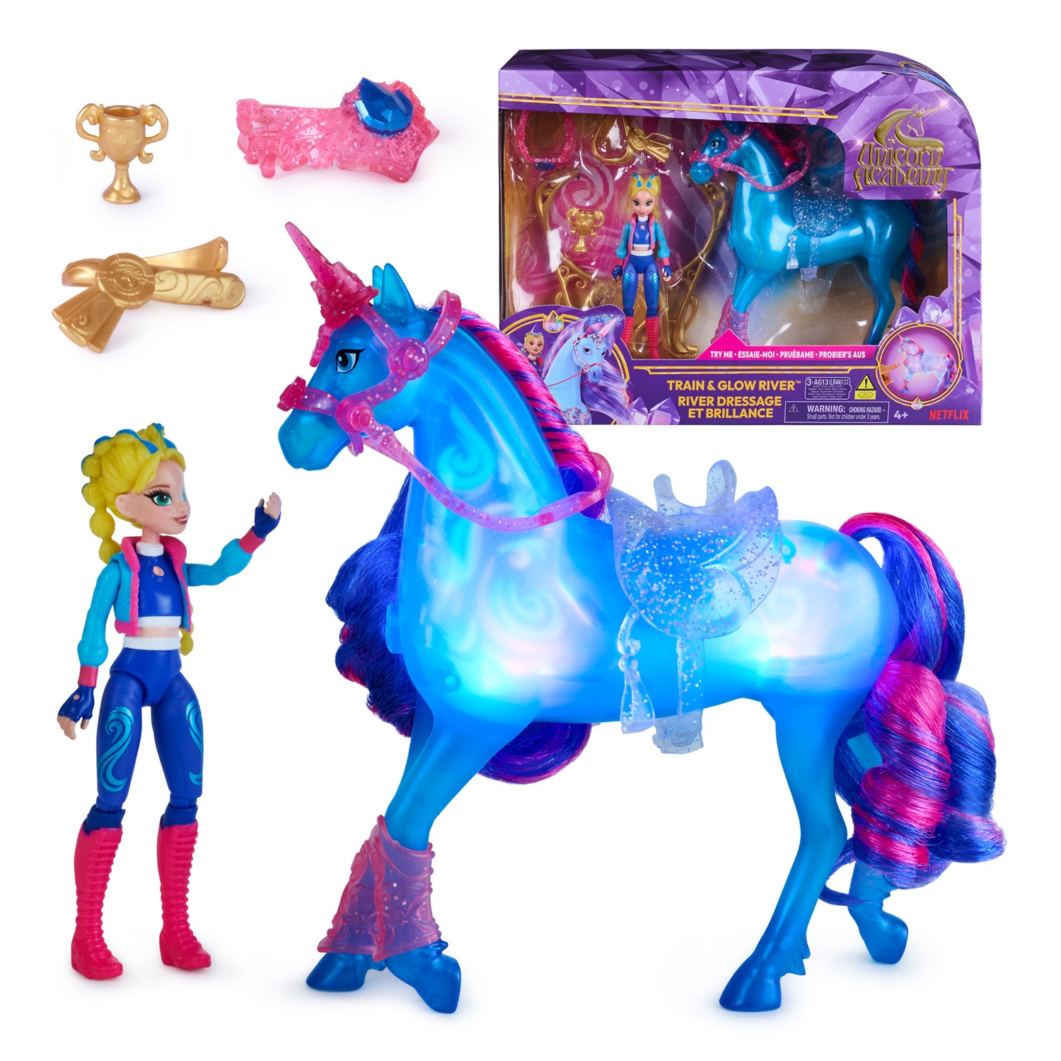 Unicorn Academy - Set Gioco con Bambola Isabel e Unicorno Luminoso River, 3 Accessori da Dressage per Bambine dai 4 Anni