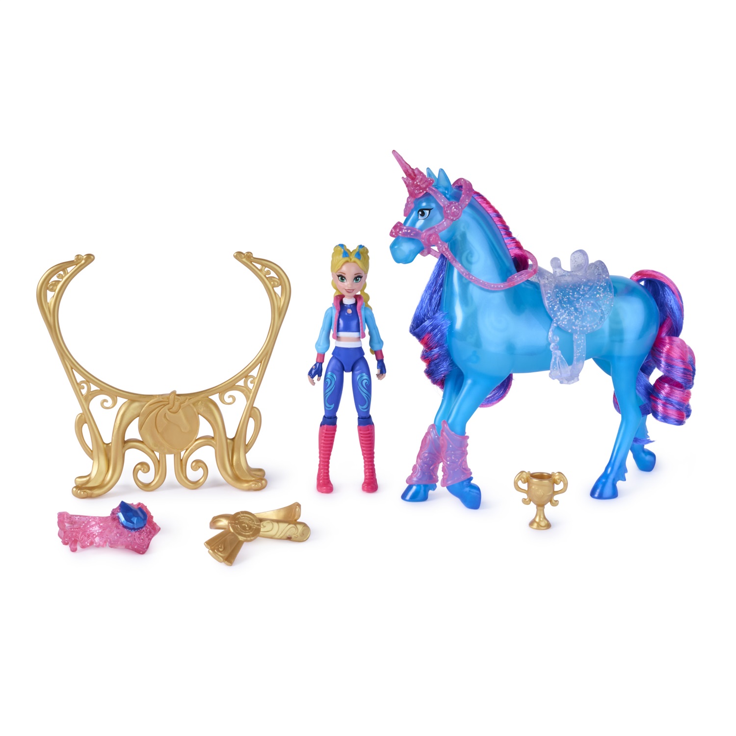 Unicorn Academy - Set Gioco con Bambola Isabel e Unicorno Luminoso River, 3 Accessori da Dressage per Bambine dai 4 Anni