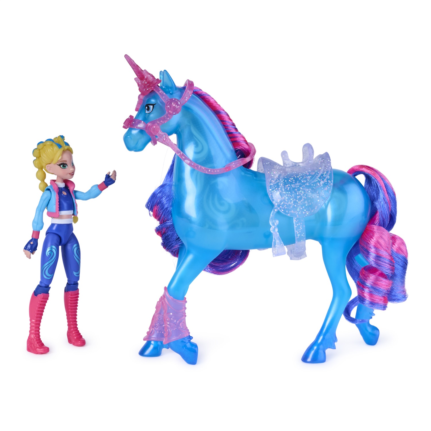 Unicorn Academy - Set Gioco con Bambola Isabel e Unicorno Luminoso River, 3 Accessori da Dressage per Bambine dai 4 Anni