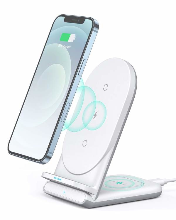 AUKEY LC-A2 Caricabatterie Wireless 2-in-1 15W Bianco - Ricarica Rapida per Smartphone e Dispositivi Compatibili Qi
