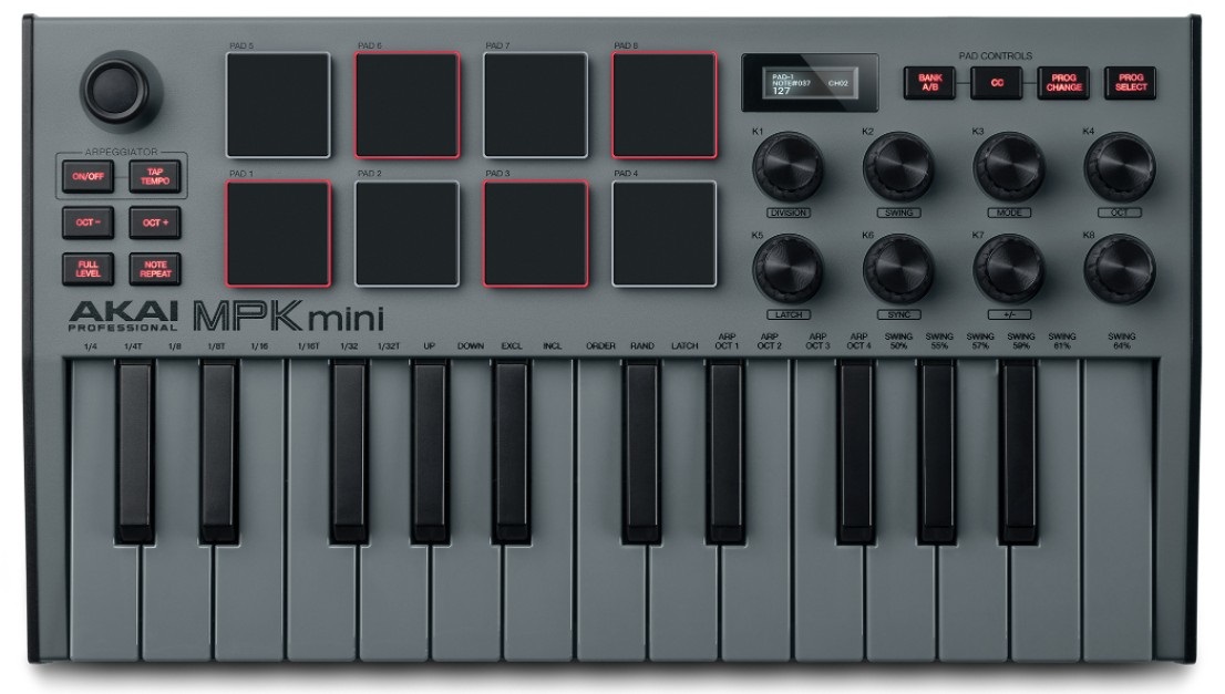 Akai MPK Mini MK3 - Tastiera MIDI Controller USB a 25 Tasti con 8 Drum Pad Retroilluminati, 8 Manopole, Software Incluso, Colore Grigio